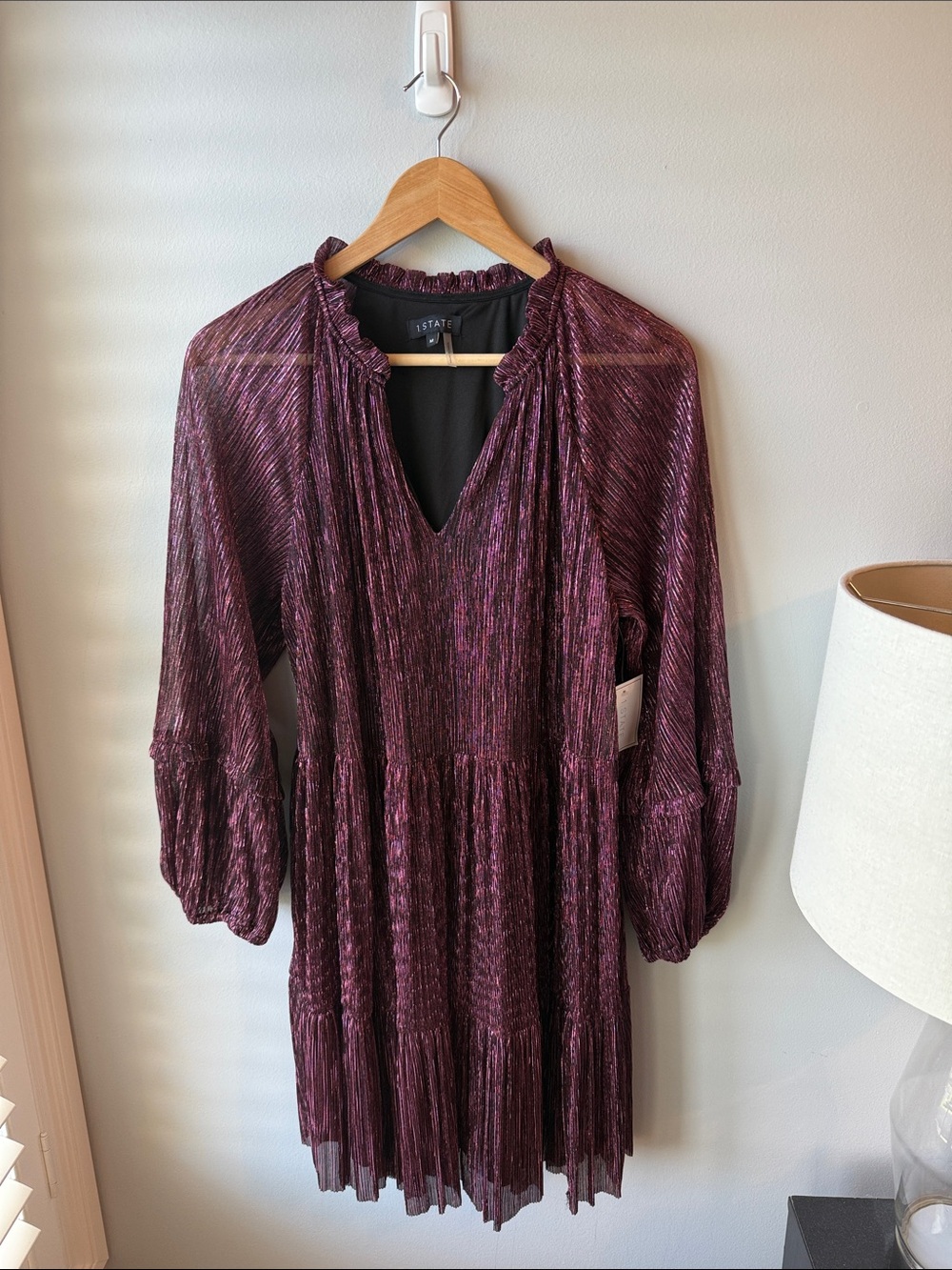 1.STATE Purple‎ Metallic Sheer Long Sleeve Party Dress NWT